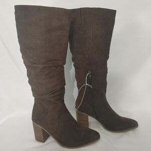 A New Day Brown Knee High Slouch Boots Faux Suede Block Heel Size 6